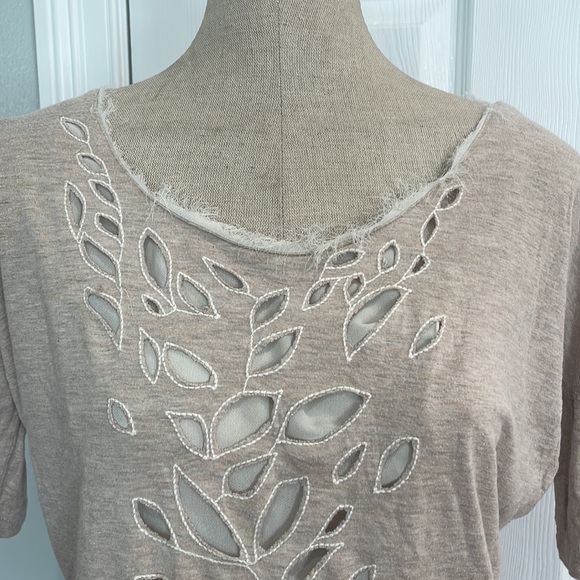 Y2K XOXO top tan cream cutouts fring scoop neck 3/4 sleeve gathered waist size S - Picture 2 of 10